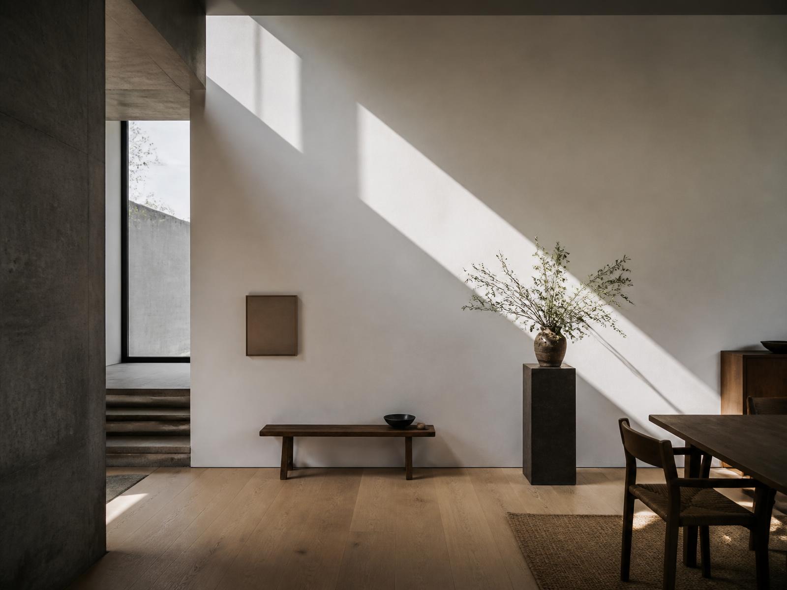 Interior minimalista com luz natural rasante sobre parede de estuque e pavimento em carvalho